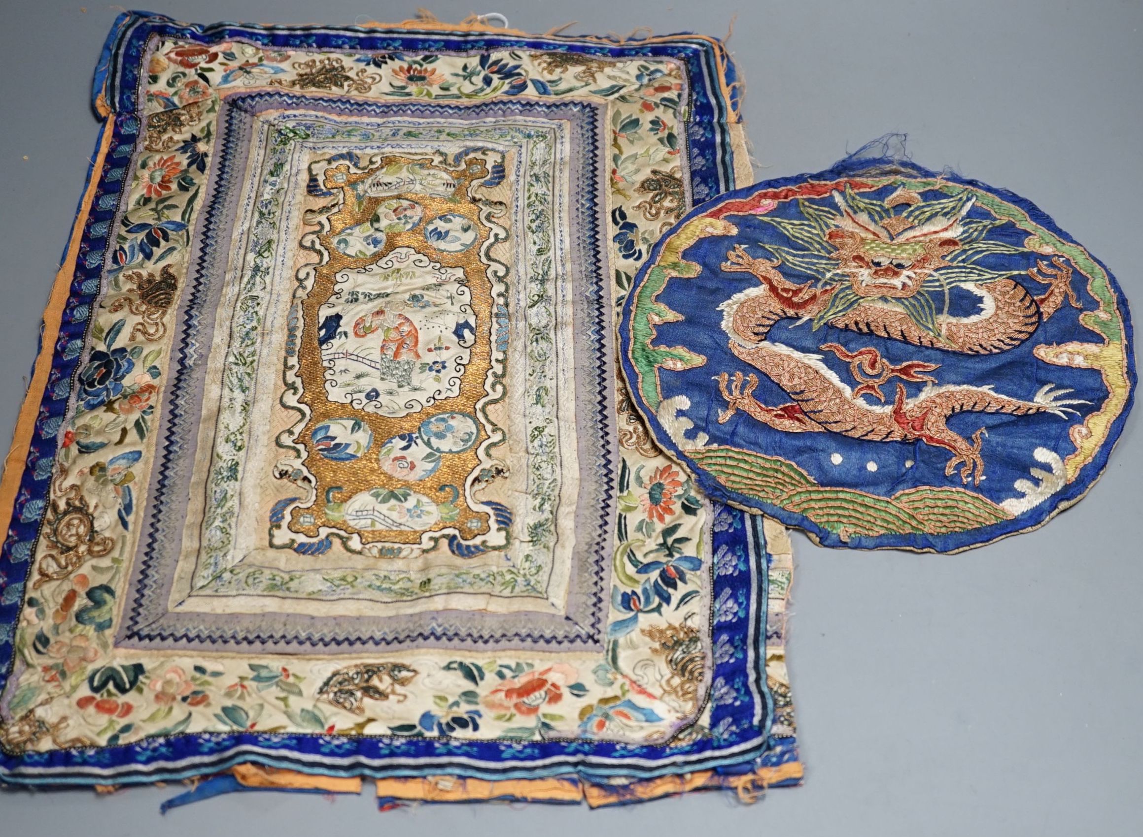 Two Chinese embroideries, Qing, longest 45 cms long x32 cms wide.